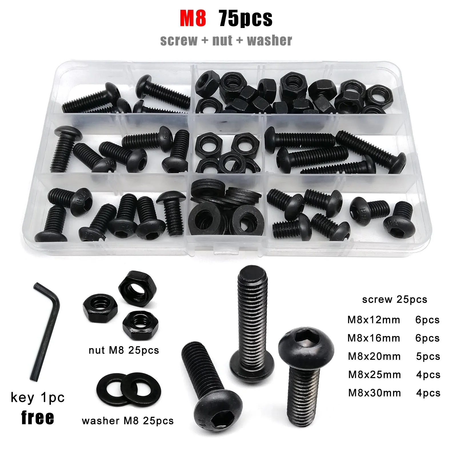 M1,6 M2 M2,5 M3 M4 M5 M6 M8 Schwarz Güteklasse 10,9 Stahl Sechskant Innensechskant Innensechskant Rundkopfschraube Bolzen Mutter Sortiment Kit Box – Detail 10