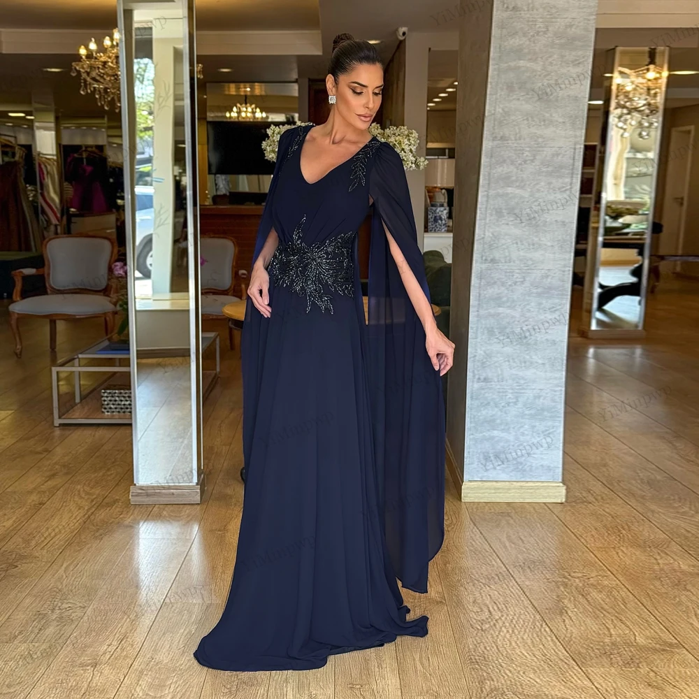 

Elegant Chiffon Prom Dress Cape Applique V-Neck Classic Party Dress for Women A-Line Backless Formal Evening Gown Customized