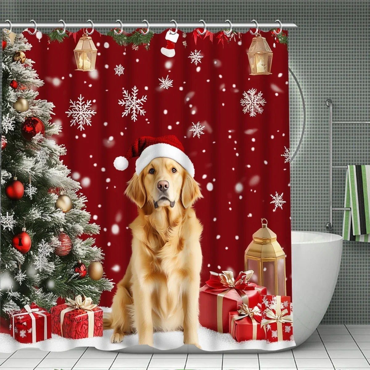 Christmas 1/4PC dog snowflake shower curtain set waterproof shower curtain and waterproof non-slip carpet,12 hooks included