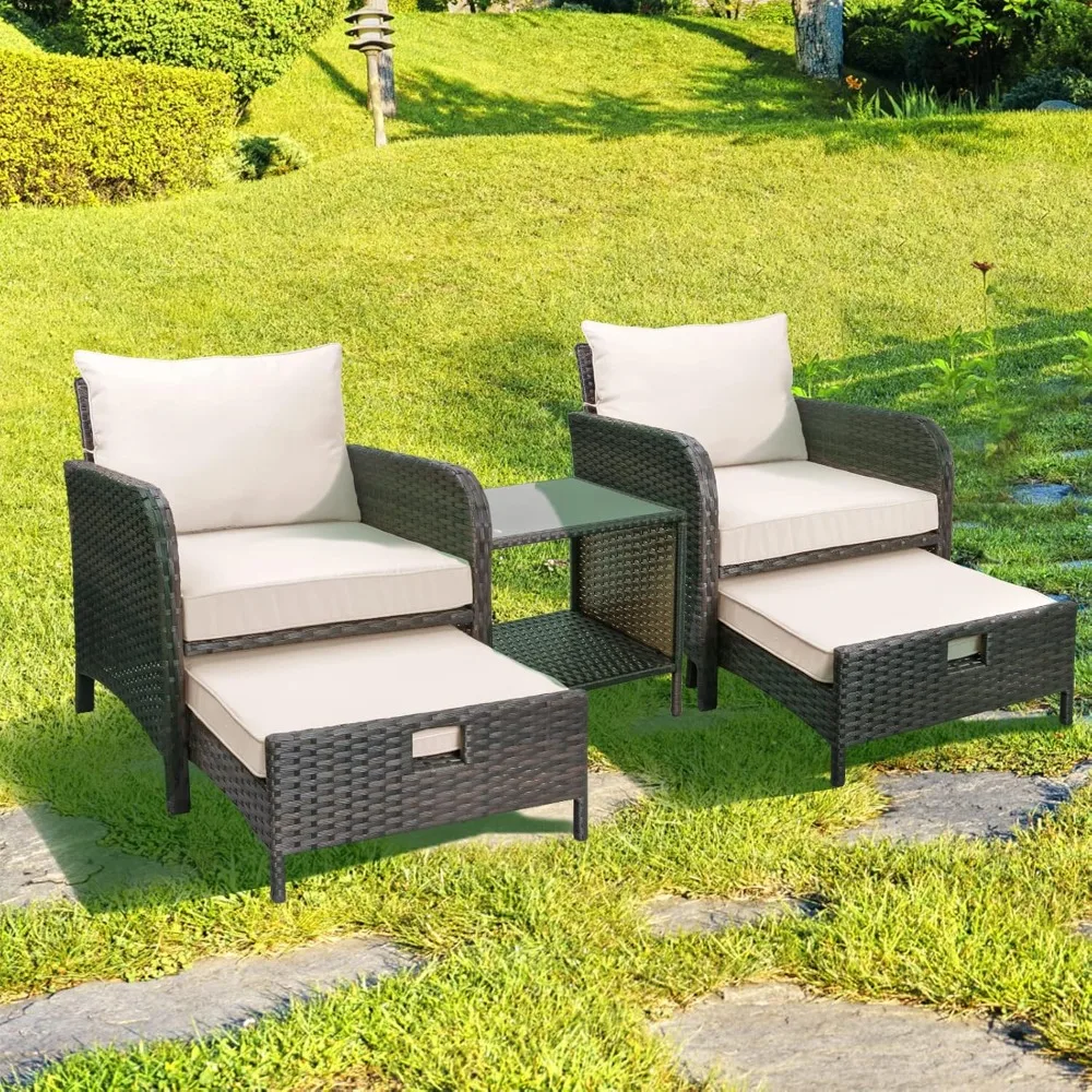 5 Piece Patio Conversation Set, PE Wicker Rattan Outdoor Lounge Chairs with Soft Cushions 2 Ottoman&Glass Table for Porch