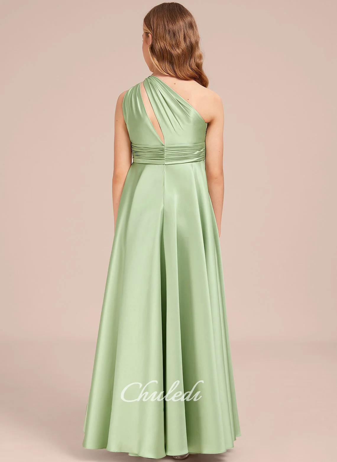 A-line One Shoulder Floor-Length Satin Junior Bridesmaid Dress