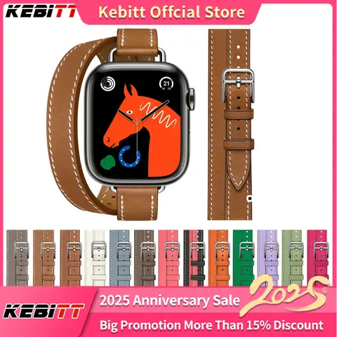 Kebitt Iwatch 시리즈 10 스트랩 더블 투어 14mm 너비 암소 가죽 밴드 Apple Watch Ultra 2 9 8 7 6 SE 46mm 42MM 41MM 팔찌