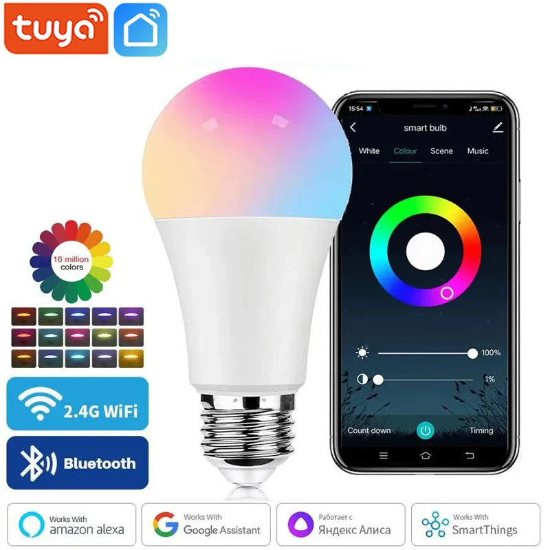 Tuya Smart Bulb E27 WiFi/Bluetooth Dimmable Bulb RGBCW 100-240V 9W LED Light Smart Home Life App Control Support Alexa Google