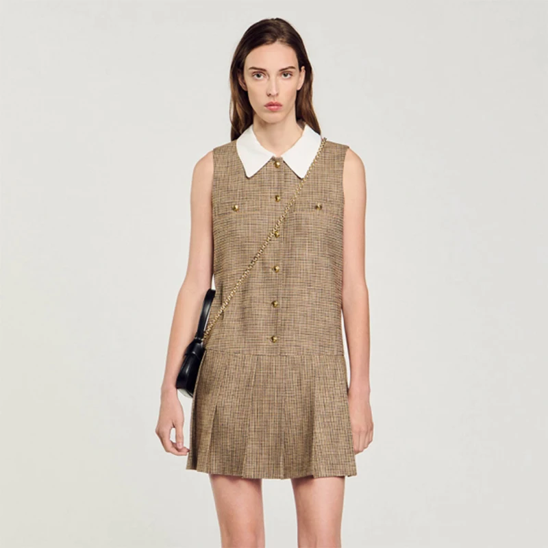 

Brown Plaid Svel Dr with Detachable Collar for Women Early Autumn New Sle Simple And Ele H-Line Skirt Dr