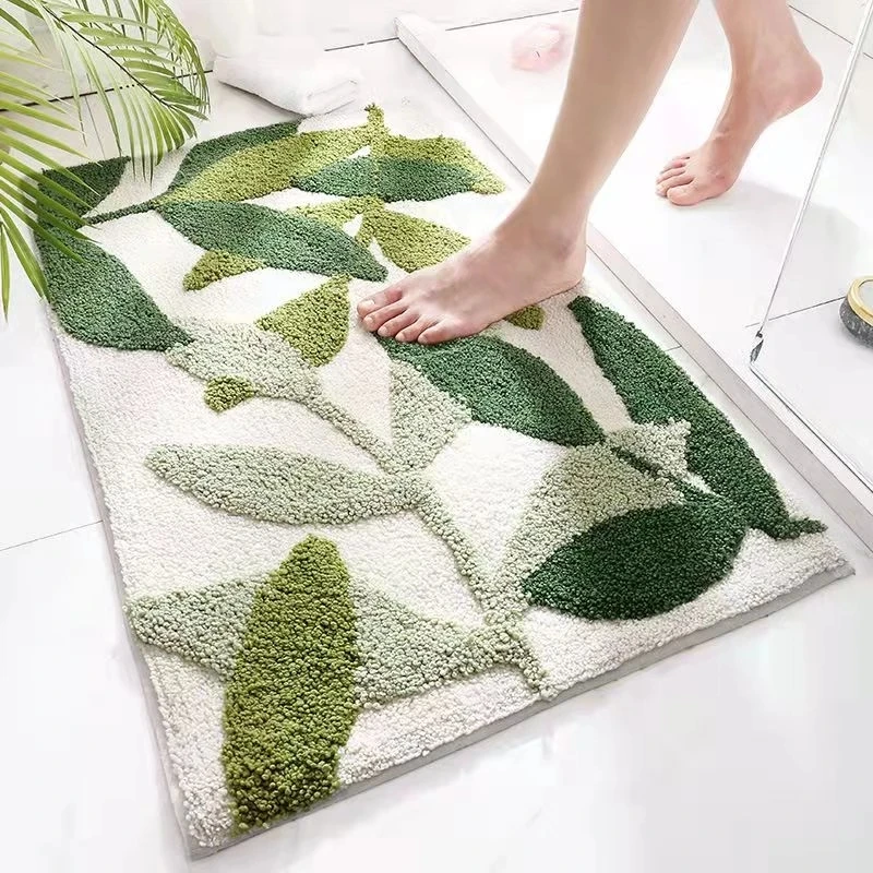 Leaves Green Flocking Bath Mat Non-slip Absorbent Microfiber Bathroom Rug Home Entrance Door Mat Super Soft Bath Carpet Tapijt