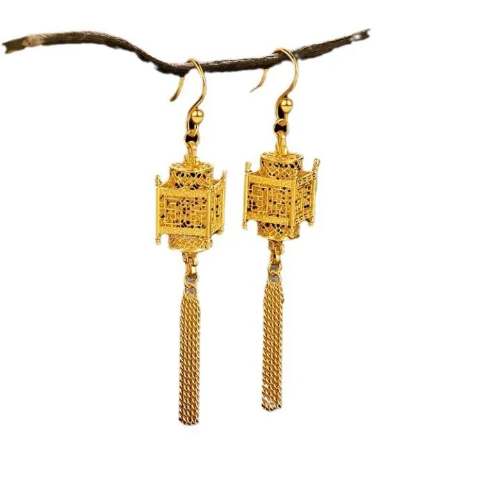 New Chinese Retro Earrings National Tide Scroll Palace Lantern Tassel Earrings Fashion Exquisite High‑grade Sense
