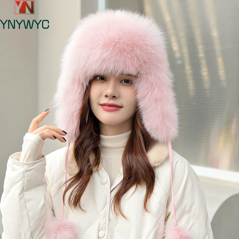 

Hot Sale Women Natural Fox Fur Russian Ushanka Hats Winter Thick Warm Ears Fashion Bomber Hat Lady Genuine Real Fox Fur Cap