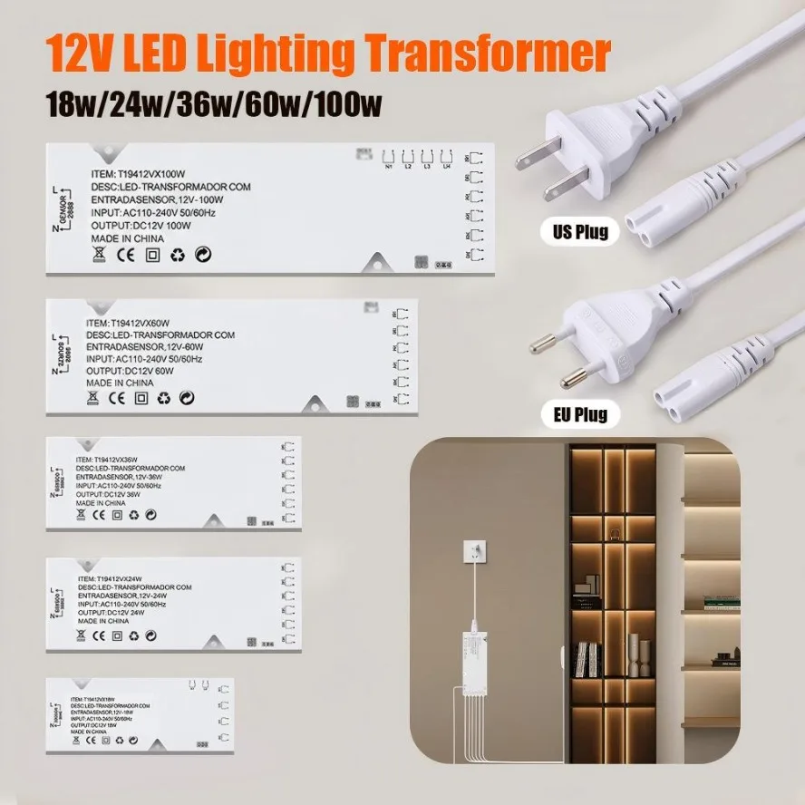 18W-100W Cabinet Light Strip Power Transformer Dupont Port EU/US Plug Showcase Counter Bookcase Drawer Shop Cabinet Decor Light