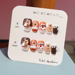 10 Pcs Girls Lovely Handmade Press on Nails Cartoon 3D Bear Full Cover Detachable Nail Piece Cute Cat Eye Fake Nails Nail Art