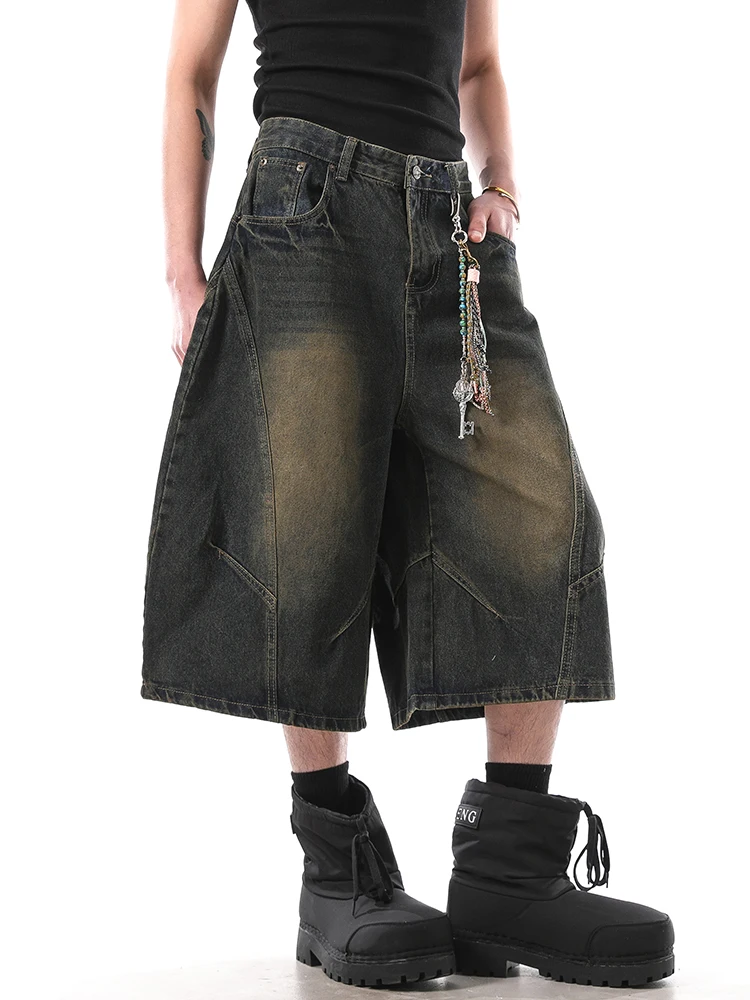 Retro American Distred Knife  Jeans Men's Summer Streetwear Loose Casual Wide Leg orts Straight Leg Fit Jeans