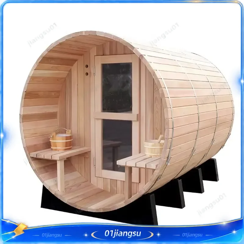 Outdoor Wood Barrel Sauna Room Finland Style Round Home Use with Front Porch Steam Bath House Garden Spa Kit for Adults