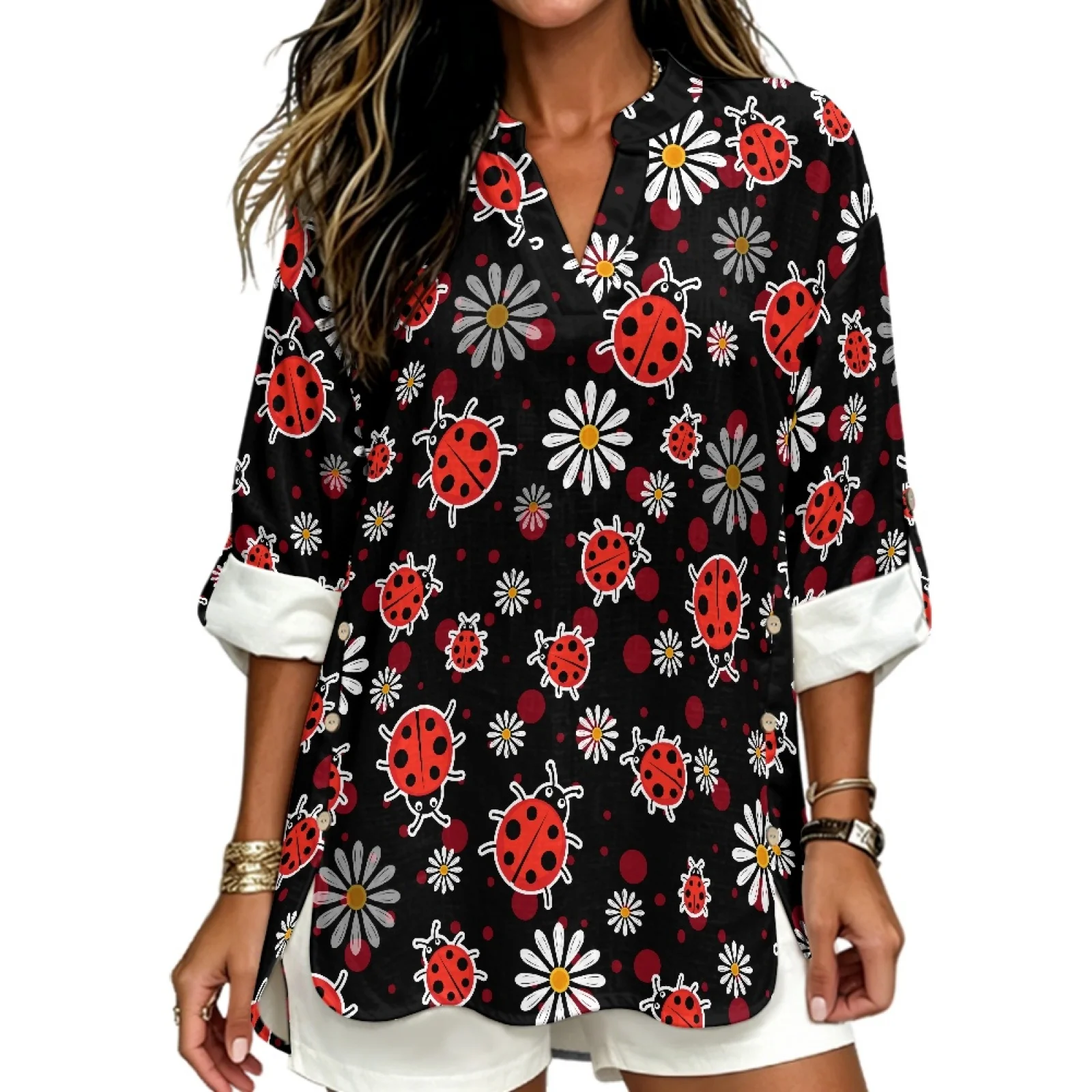 PENSTROLL Loose Linen Like Casual Blouses Soft Women's Long Sleeve Shirts for Beach Walks Ladybug Daisy