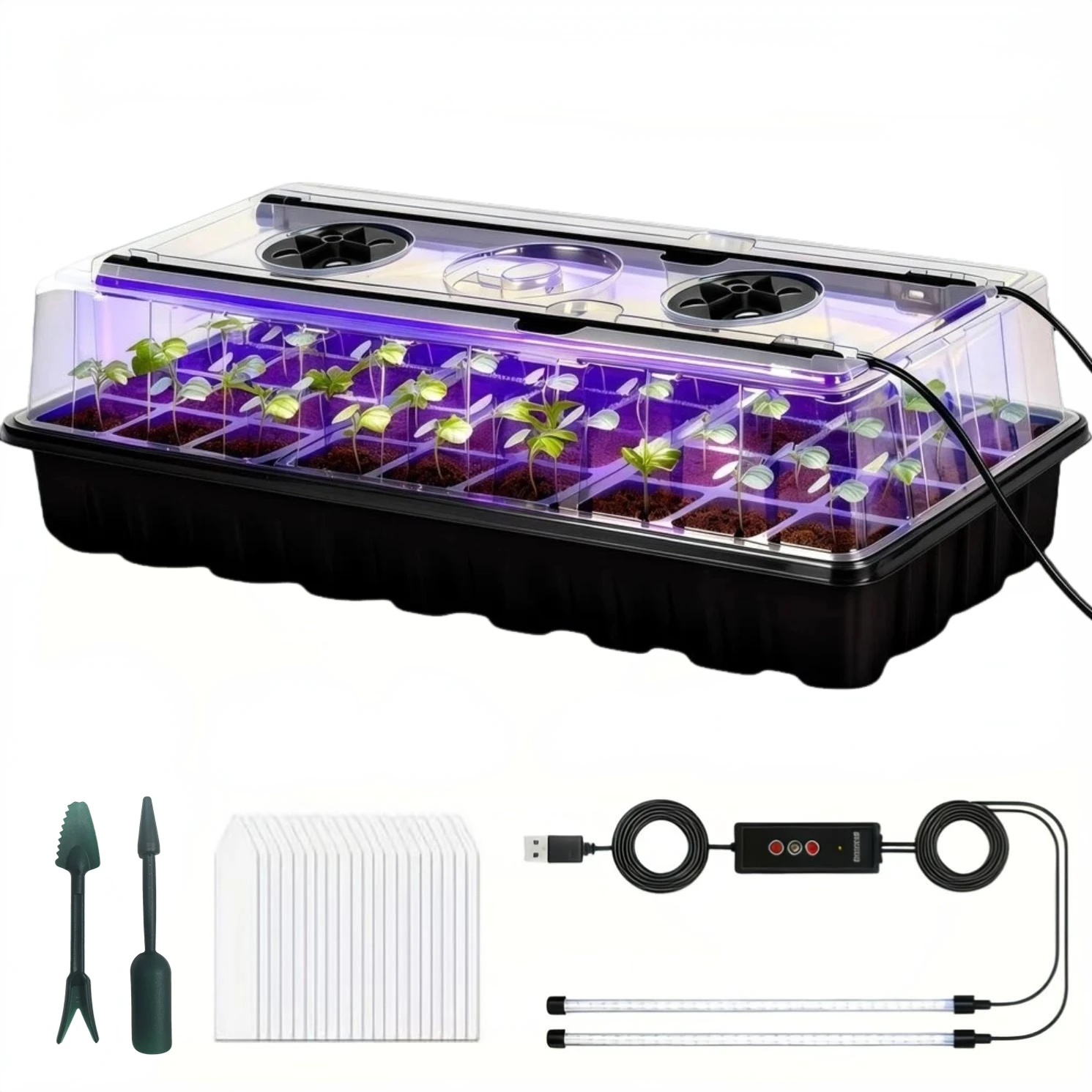 36-Cell Seed Starter Tray W/ Grow Light, 1 Germination Kits, Humidity Dome, Tall Lid, 2 LED Strips, Smart Timer 3 for Indoor