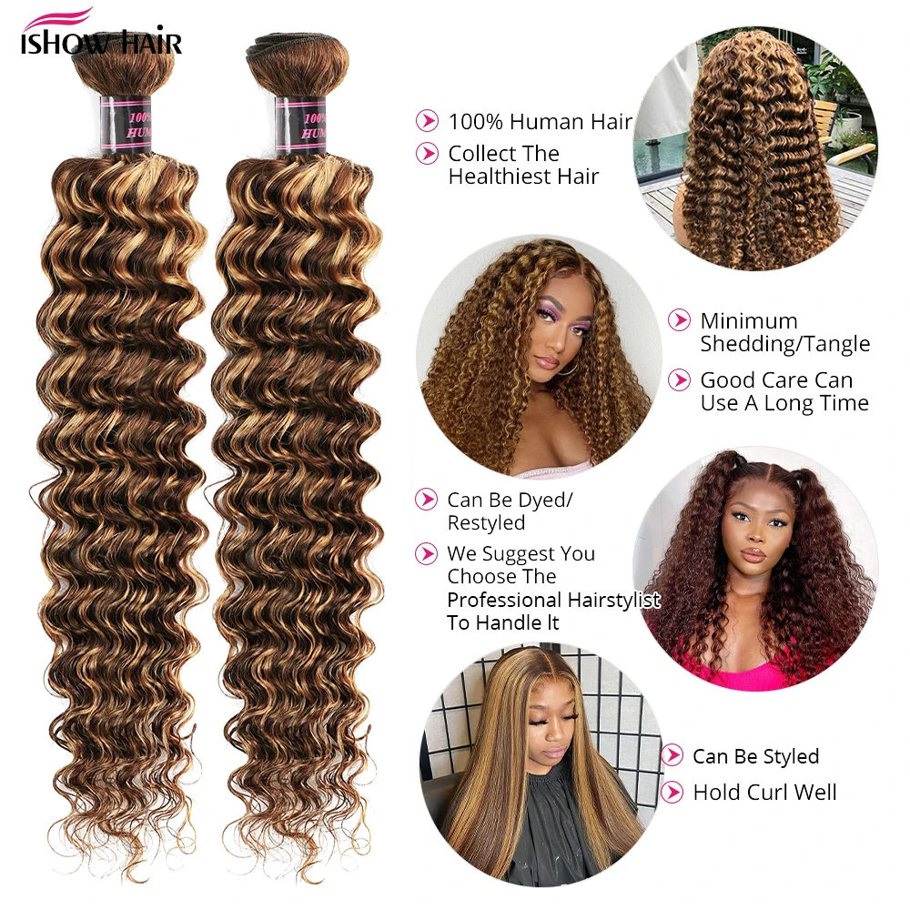 Ishow Highlight Deep Wave Bundles P4/27 Ombre Brown Human Hair Bundles 1/3/4 PCS Brazilian Remy Human Hair Extensions For Women