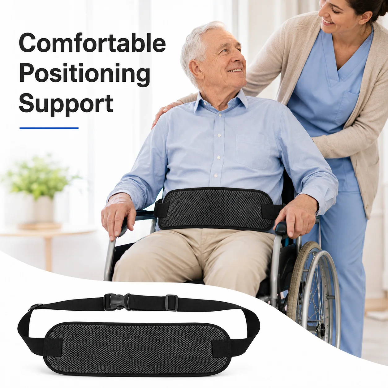 Wheelchair Positioning Belt for Adults Adjustable Padded Waist Strap with Quick Release Buckle, Breathable Mesh for Home Support