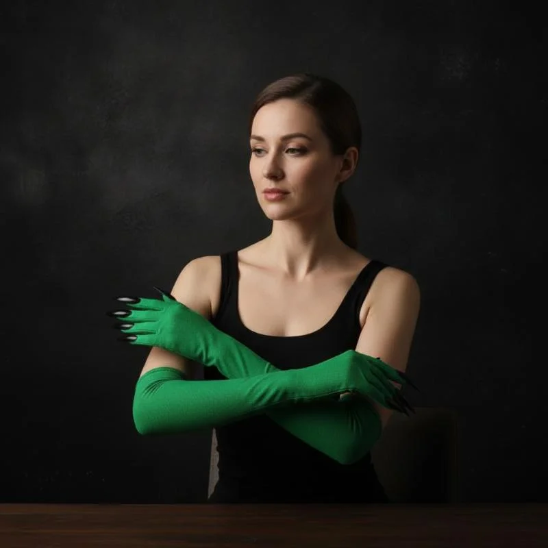 Long Green Witch Gloves With Long Sharp Black Claws Soft Stretchy Fabric Perfect
