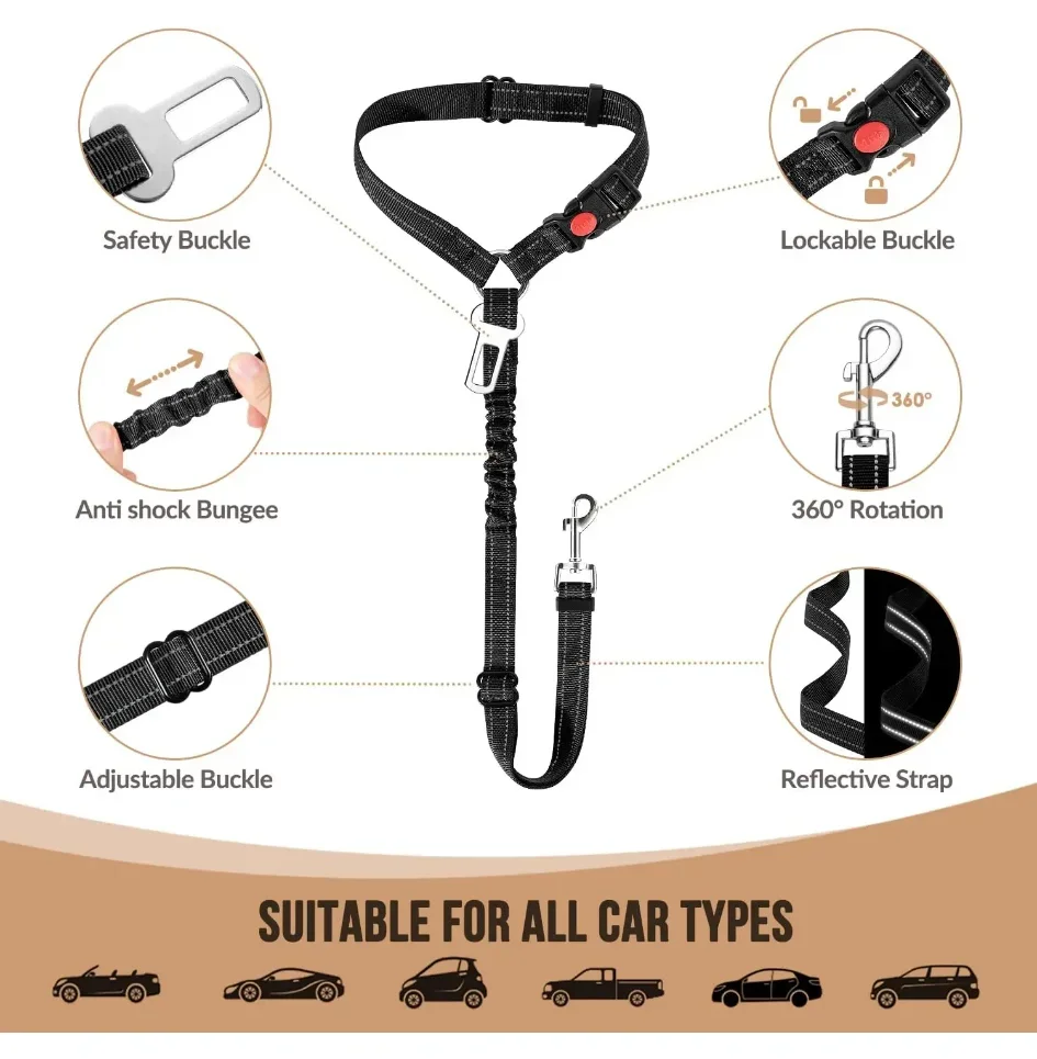 2in1 Pet Leash Restraint Dog Safety TetherDog Seat Belt for Car,Dog Car Harness Seatbelt Adjustable with Elastic Bungee Buffer