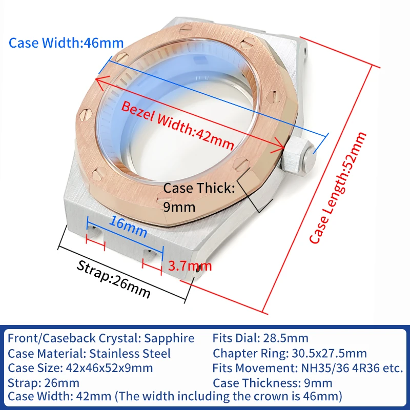 AP الساعات حالات لامعة/نحى الصلب ارتفع الذهب/الفضة يناسب NH35 NH36 4R36 الياقوت الكريستال والزجاج وزارة الدفاع ساعة استبدال أجزاء