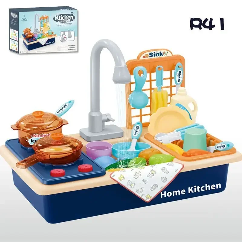 Toddler Pretend Play Kitchen Sink Toy, Water Running Dishwashing Playset with Cookware & Food for Kids