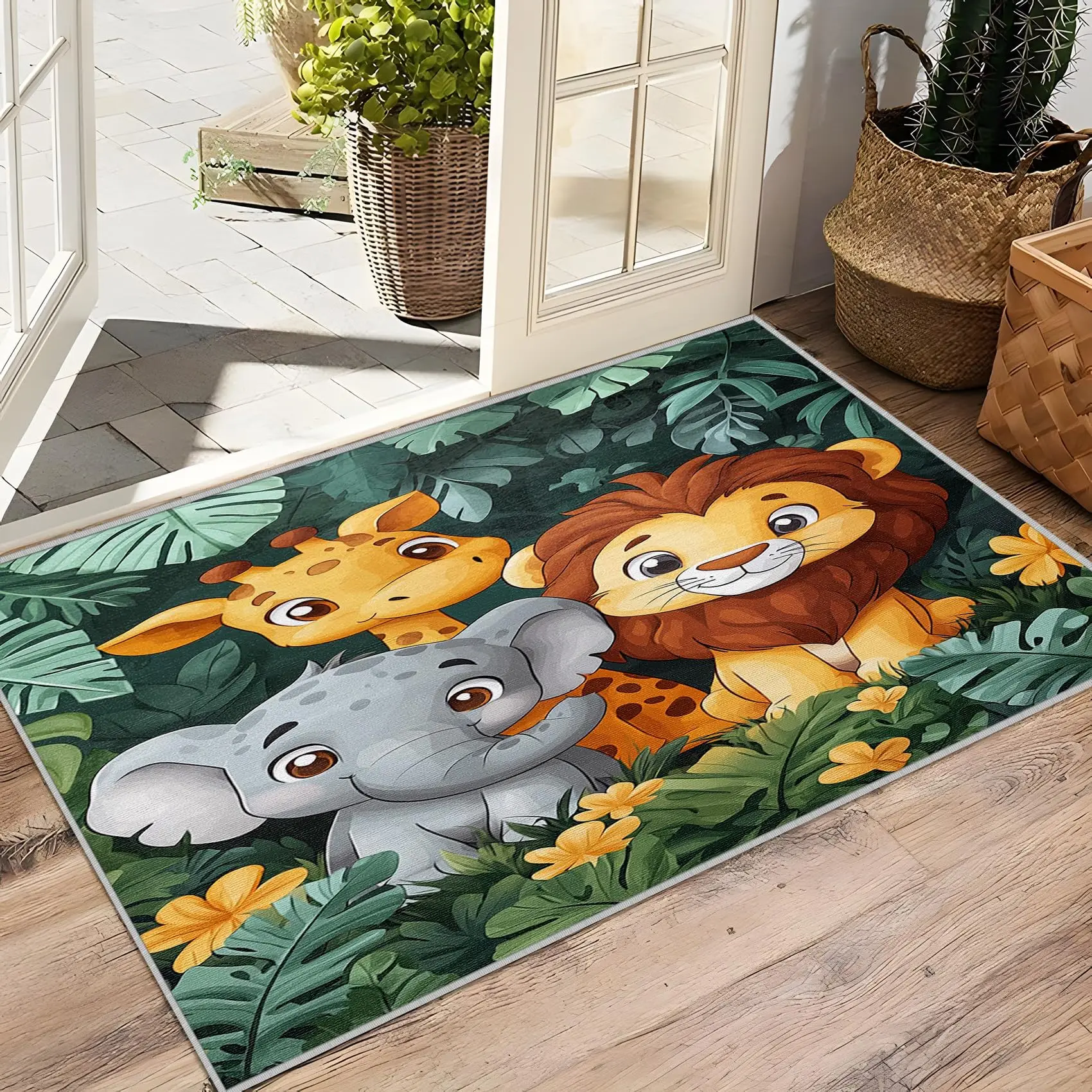 Cartoon Animal Printed Carpet, Animal Learning Play Mat, Elephant, Giraffe Washable Animals Cute Cartoon Floor Rug for Bedroom