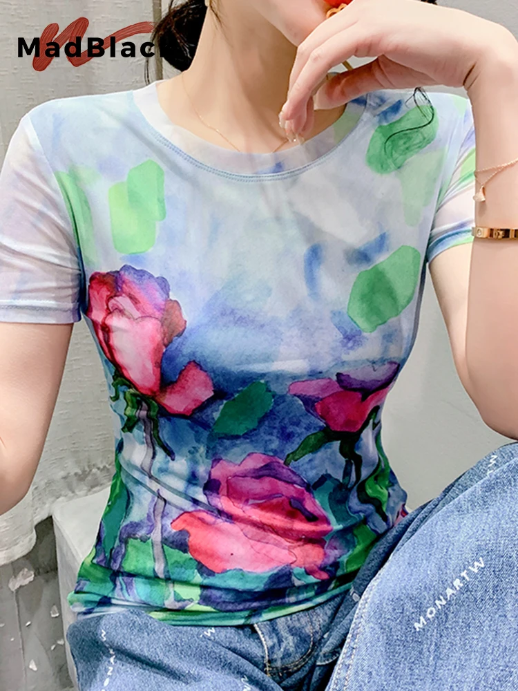 

MadBlack Summer European Clothes Position Flower Printed Tshirts Women O Necks Slim Mesh Tops Short Sleeves Tees New 202 T33824X