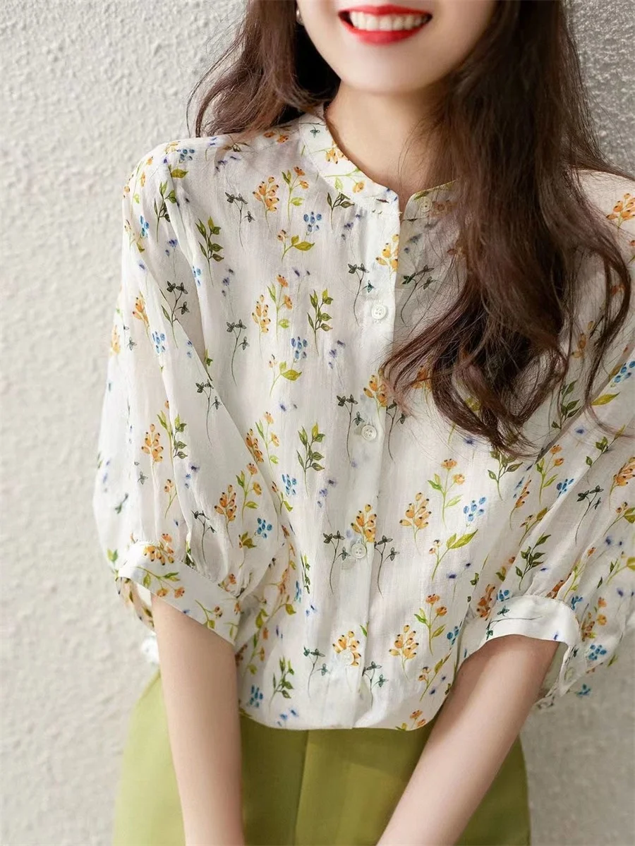 Blusas con estampado de flores para mujer, Tops informales de manga corta abullonada, cuello levantado, estilo veraniego, SP1496