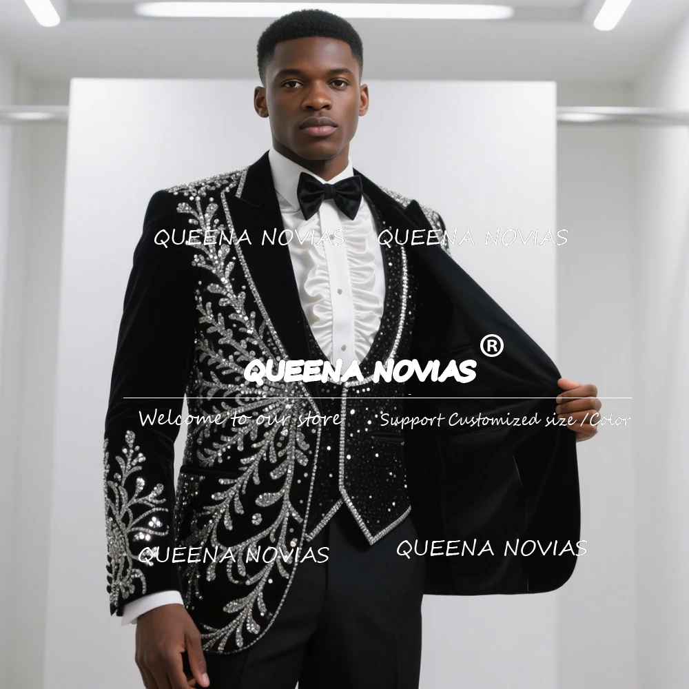 

Glittering Sliver Crystals Beaded Suits Men 3 Pieces Sets Sequins Groom Party Blazers Customized Male Fashion Wedding Tuxedos