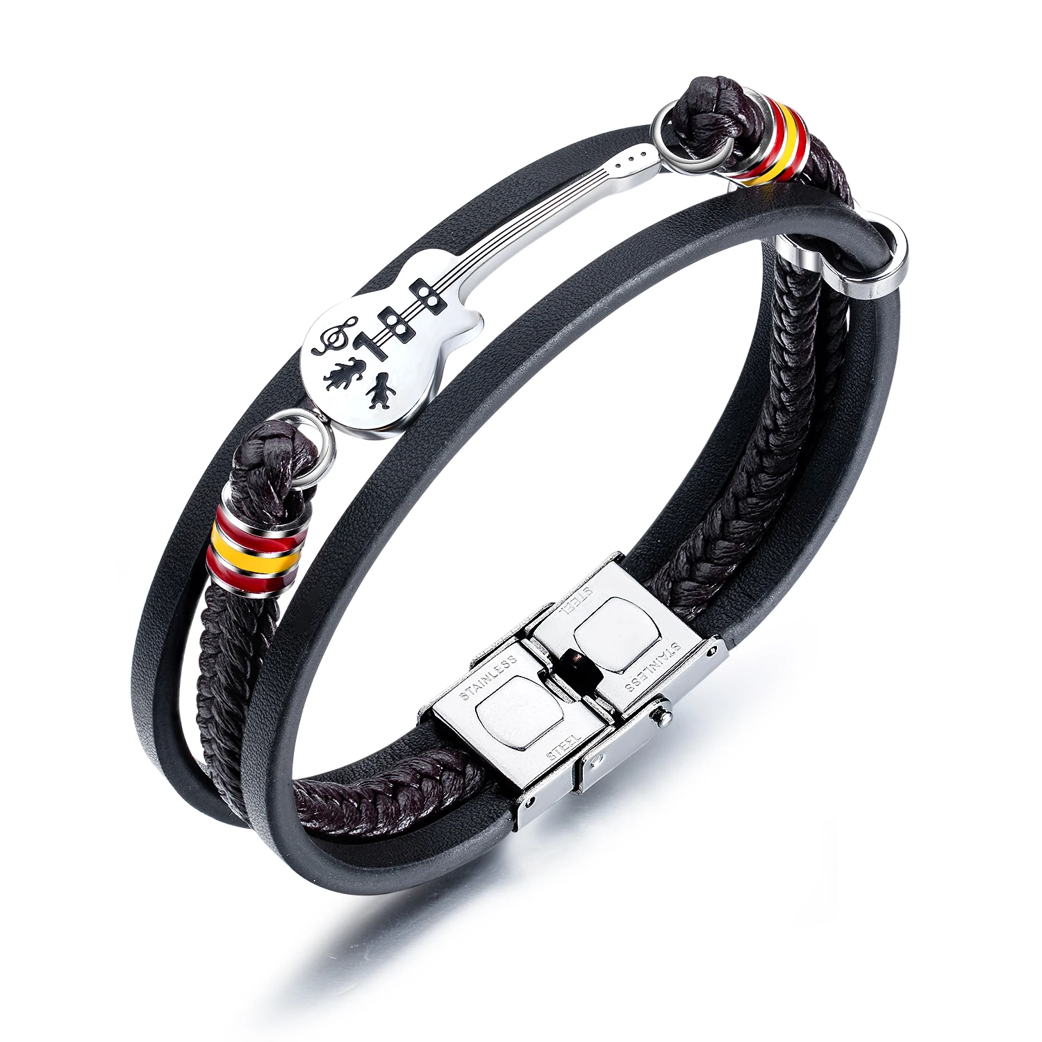 

Men’s Punk Rock Leather Bracelet – Multi-Layer Braided Guitar Charm Wristband, Adjustable Handmade Jewelry