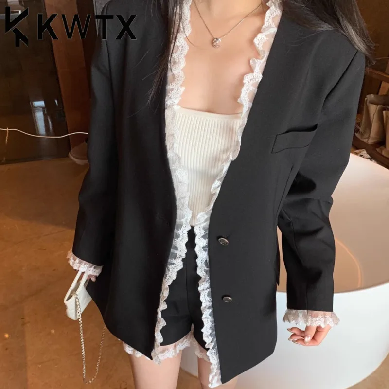 

KWTX 2025 Spring Summer Women’s Lace Trim Blazer Single-Breasted Lightweight Designer Jacket Stylish Sleeve Cuffs Chic Outerwear