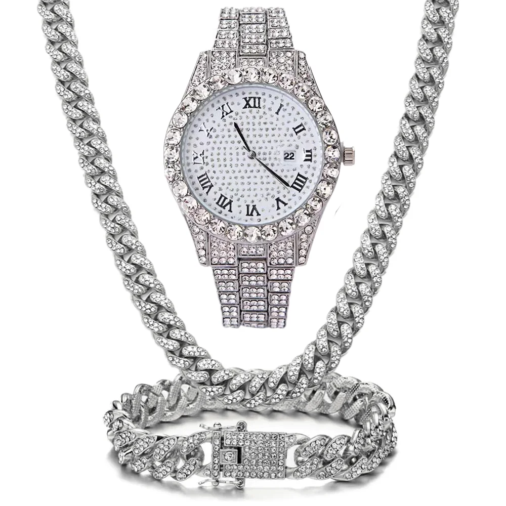 Luxury Jewelry Set Bling Iced out Cuban Chain Necklace Watch Bracelet For Man Street Club Rap Holiday Birthday Gifts Daily Wear