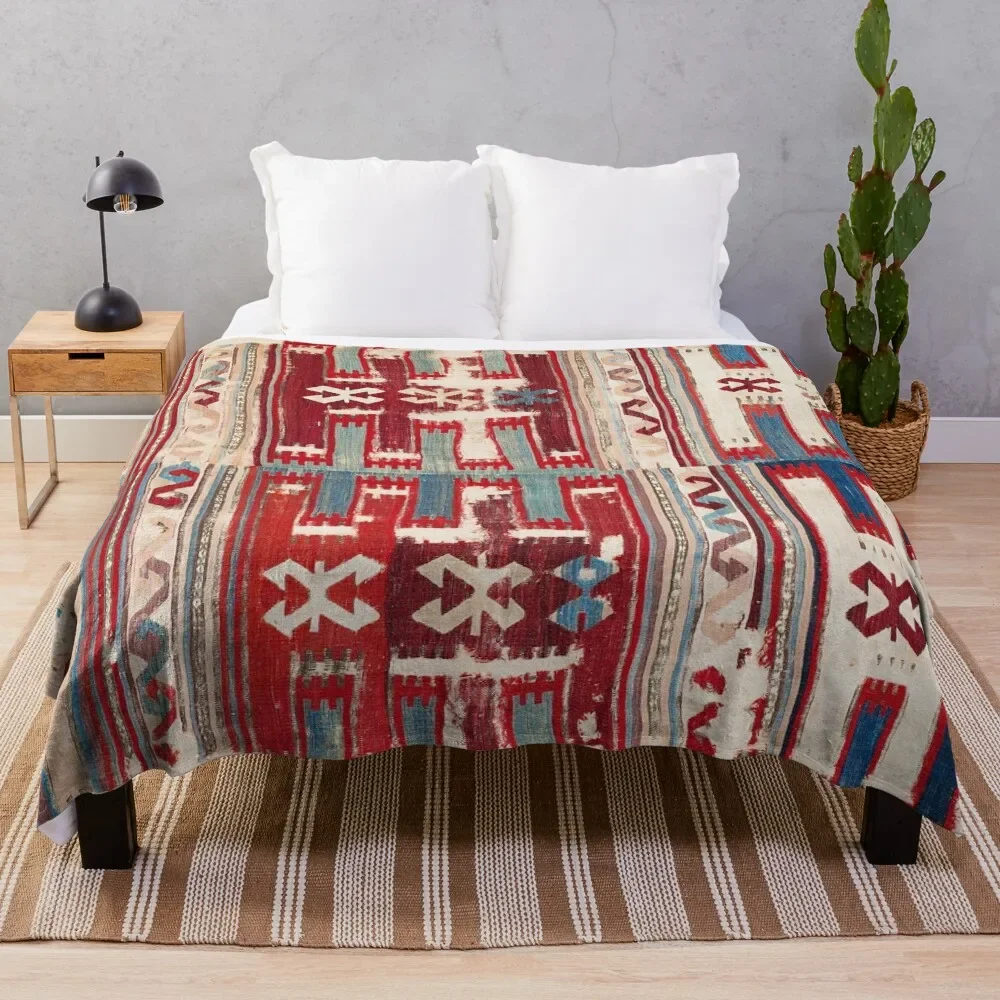 Cappadocian 18th Century Anatolian Kilim Print Throw Blanket Travel Loose Vintage Blankets