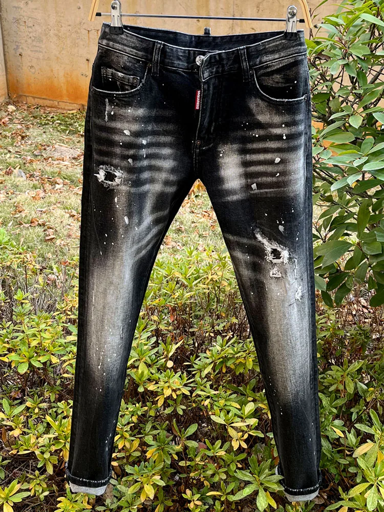 

Мужские джинсы слим-фит из денима на весну-осень-зиму, черные, эластичные, модные, городские, износостойкие, длинные брюки