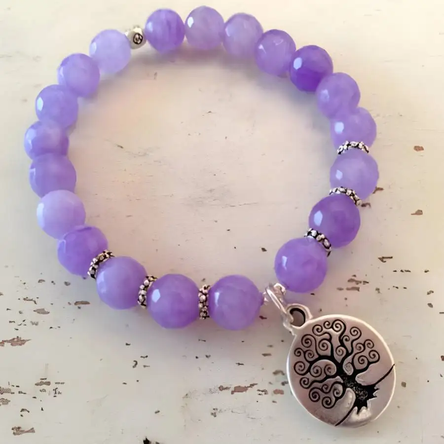 

8mm Amethyst Gemstone Mala Bracelet Life Tree Pendant Jewelry Stone Men's elastic Gemstone Prayer Buddha Women Bead Japa Yoga