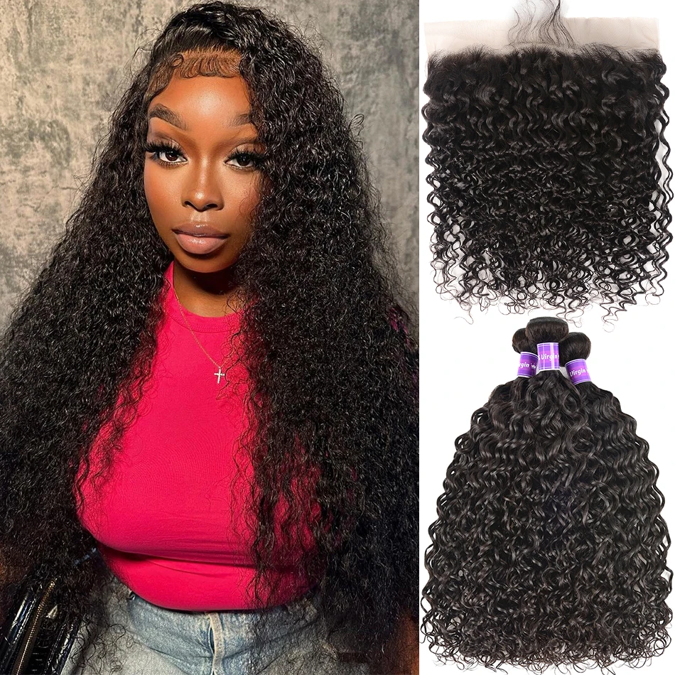 

Malaysian Water Wave Bundles With 13x4 Frontal Wet and Wavy Curly Human Hair Bundles With 4x4 Closure Remy Hair Weave Extensions