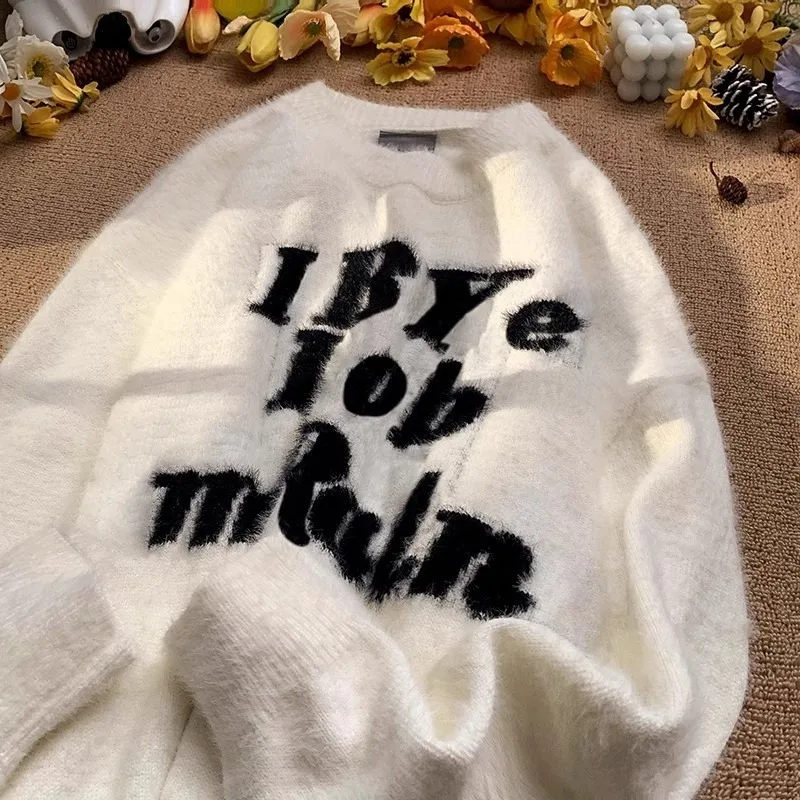 

American high street letter mohair sweater men's lazy high-end winter thickened knitted sweater jacket