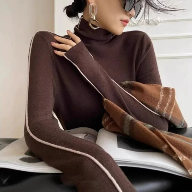 New Slim Fit Turtleneck Knitted Pullovers Women Autumn Winter Fashion Long Sleeved Top Elegant Office Lady Black White Sweaters