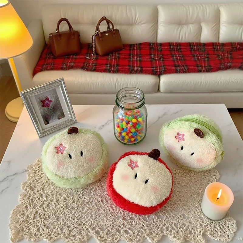 Dompet Koin Kartun Apple Plush, Gantungan Kunci, Tas Penyimpanan Praktis, Gantungan Ransel Lucu, Hadiah Unik untuk Gadis