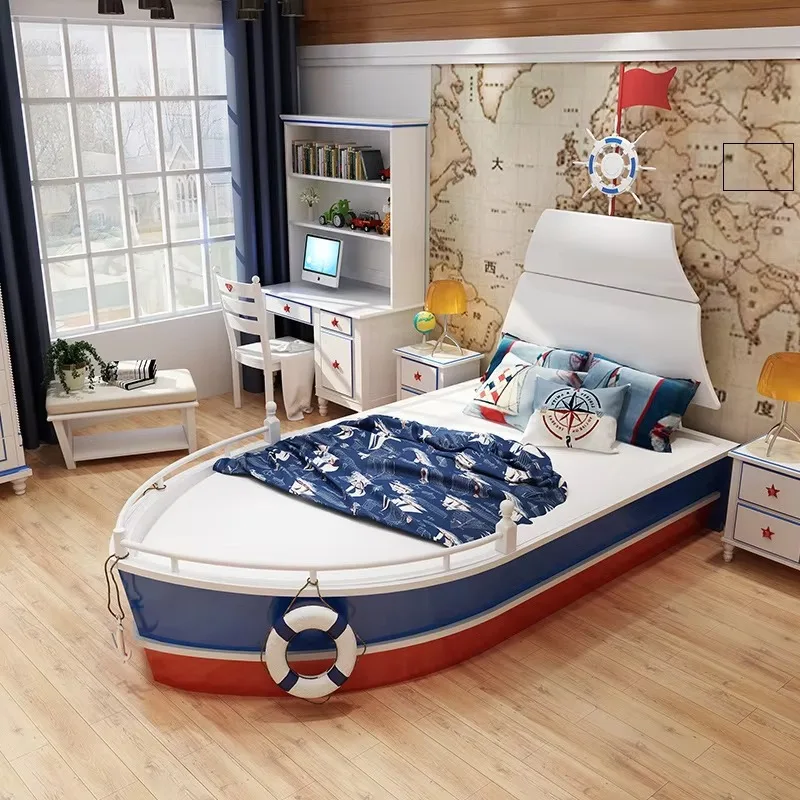2026 Factory Wholesale All Solid Wood Children'S Bed Boys Single Bed Creative Nautical Boat Type 1.5m Baby Bed With Guardrail