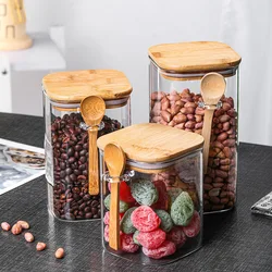 1pcs 1000/1200/1500ml Square Sealed Glass Storage Jars with Wooden Spoon,Coffee Bean,Tea,Grain,Seasoning Food Storage Containers