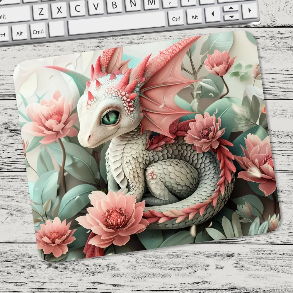 Tapis de souris adorable rose et blanc avec motif dragon et fleurs, tapis de souris par sublimation, alfombrillas para escritorio, tapis de souris