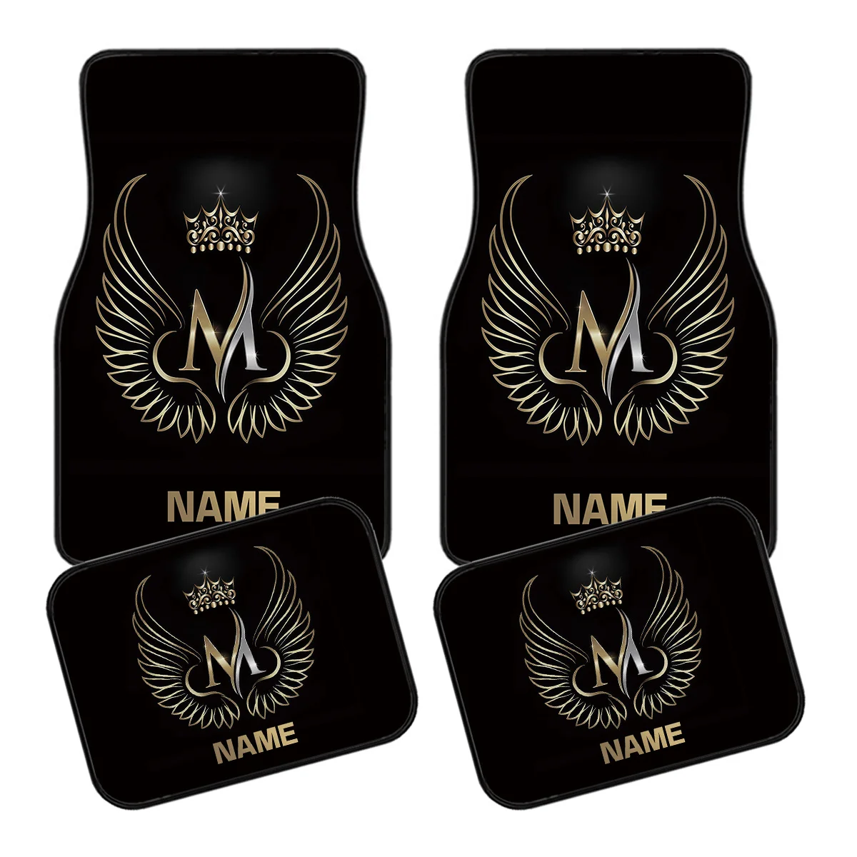 Set Of 4 Custom Name Car Floor Mats Featuring The Letter M And Crown Wings, Personalized Print Design - Easy To Clean Car Interi