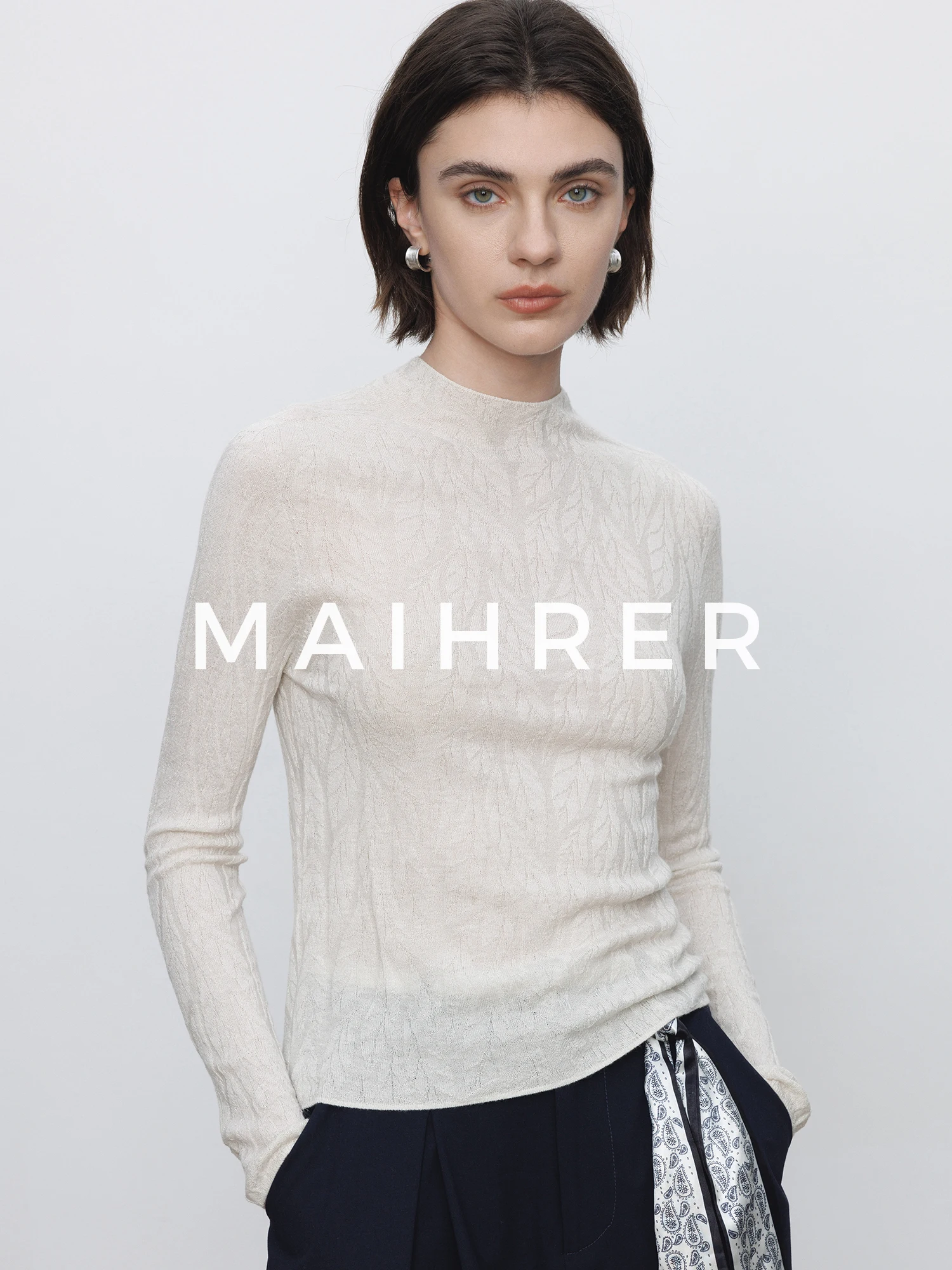 

Women's Wool Blend Long Sve Base Tee f High Ne Texture Sensation White Casual Sle Slim Fit Knitted Top