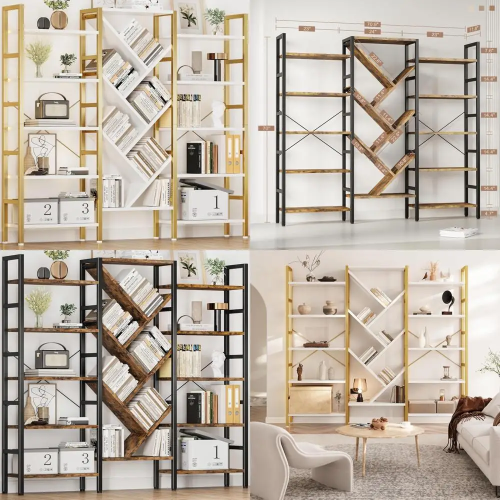 Large Wooden 70x70cm 3-Tier Bookshelf with 17 Open Shelves, Modern Metal Frame Tall Bookcase