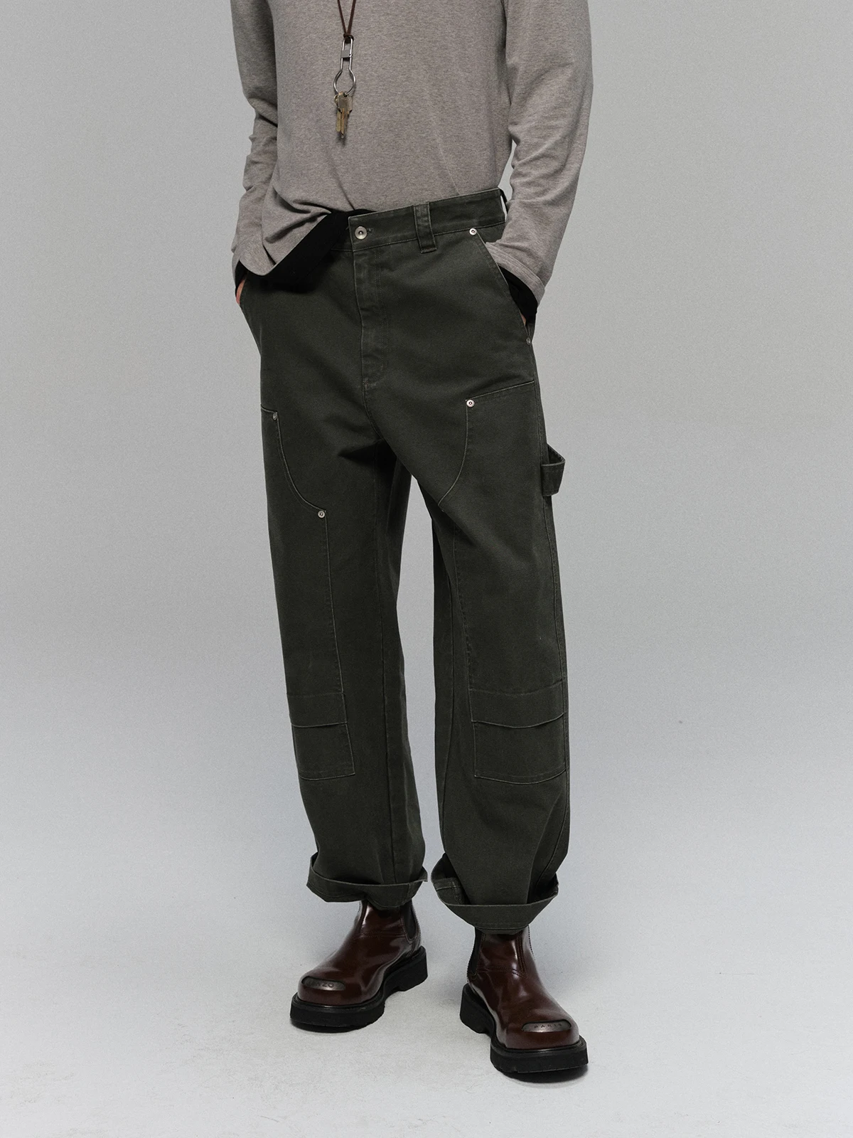 

NANS Heavyweight Cotton Canvas Faded Treaent Patch Design Straight Leg Nine Pants NS8G2 Youth Casual Workwear Pants