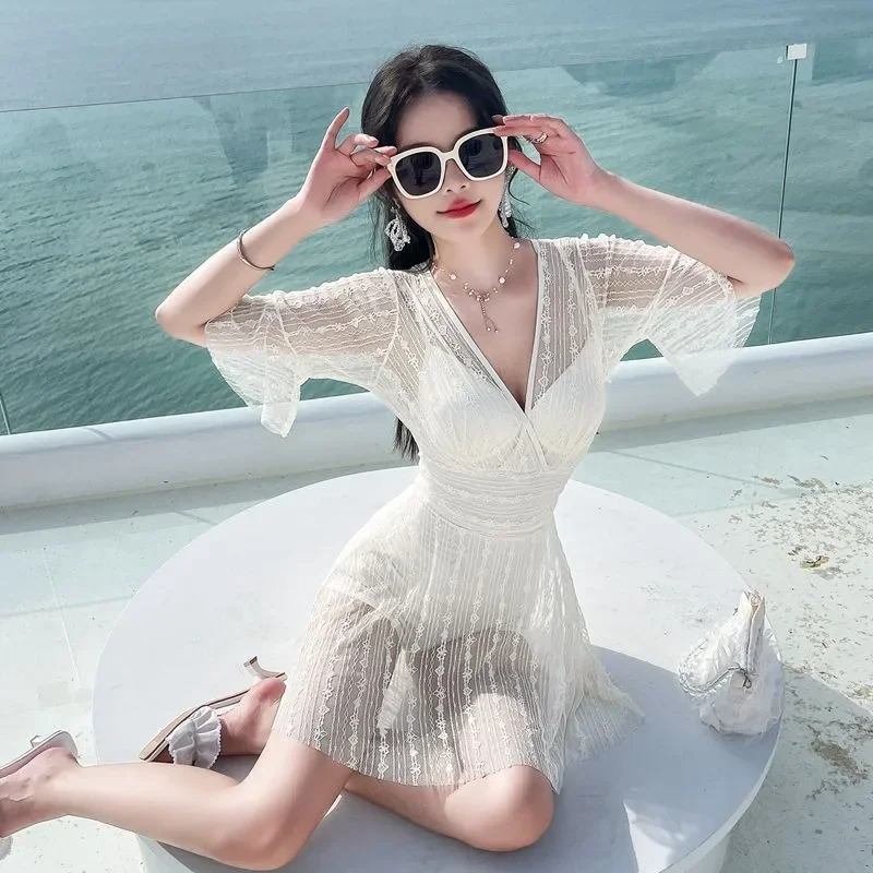 Women's Summer One-piece Swimsuit Sweet Lace Dress Swimwear V-neck Half-sleeve Slimming Beach Wear Swimming Suit for Women