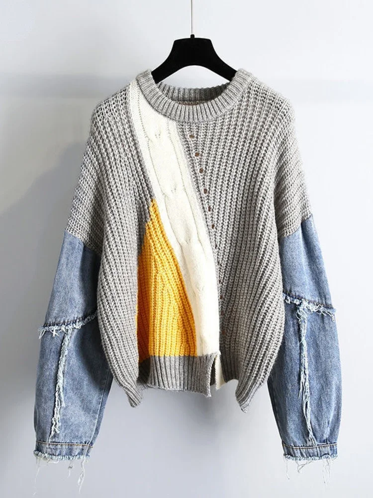 2022 nuovo maglione con cuciture in Denim Hip-hop di moda da donna con Design autunnale e invernale maglione Pullover retrò sciolto e pigro