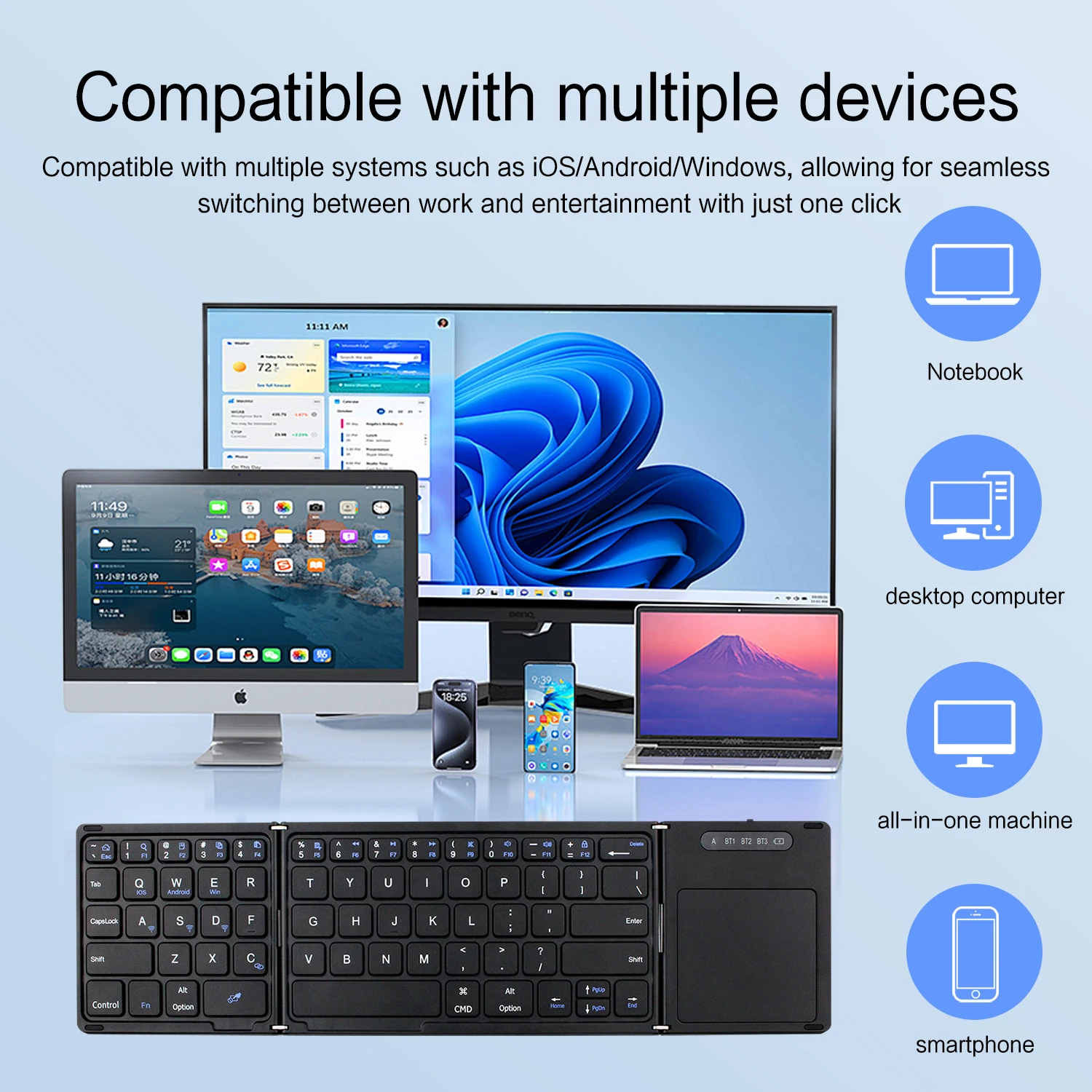 Mini Foldable Wireless Keyboard Rechargeable Slim Portable Bluetooth Keyboard With Touchpad for Windows Android IOS iPad Phone