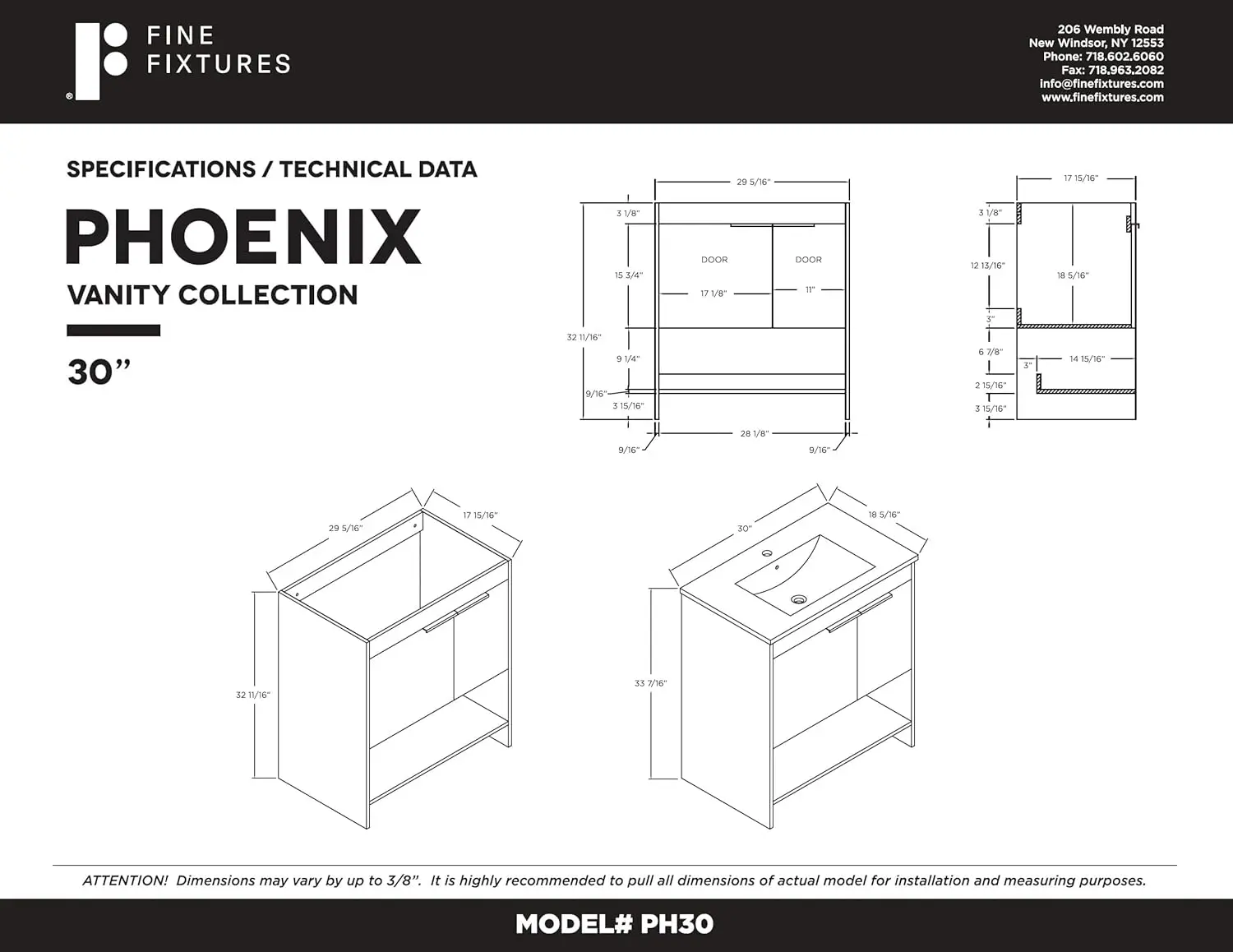 Phoenix 30 inch. B x 18,5 inch. D x 33,5 inch. H Badkamermeubel in walnoot met witte keramische wastafel [volledige montage vereist]