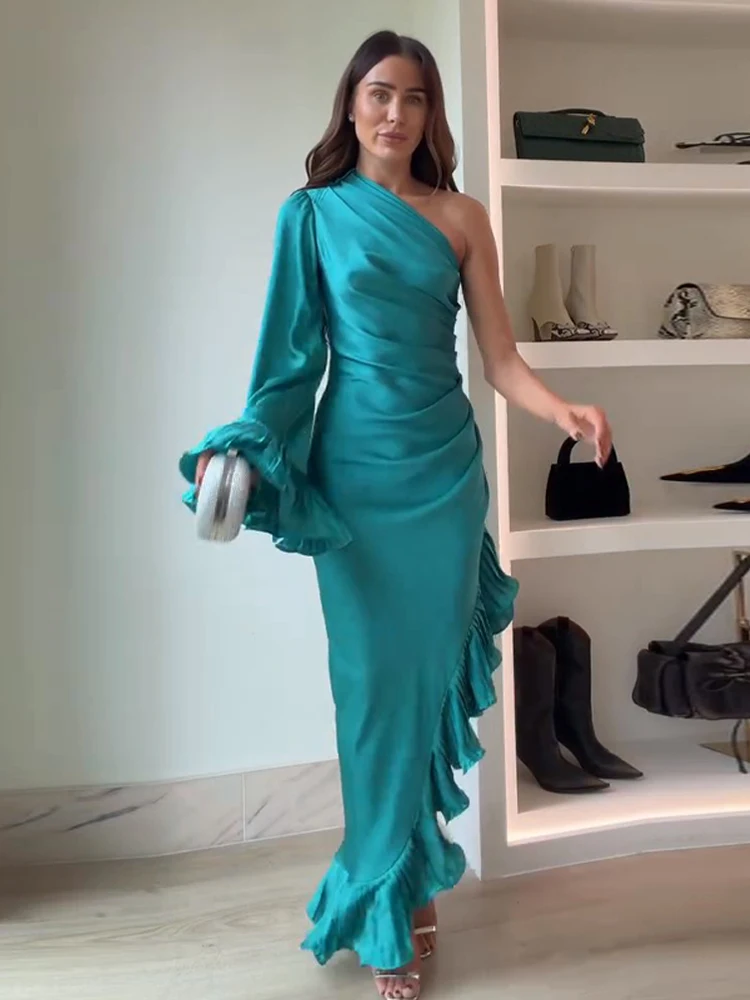 فساتين حريمي فستان أنيق للحفلات من الساتان بكتف واحد مكشكش فستان ميدي مثير أنيق فستان رسمي ملابس نسائية ملابس خارجية جديدة