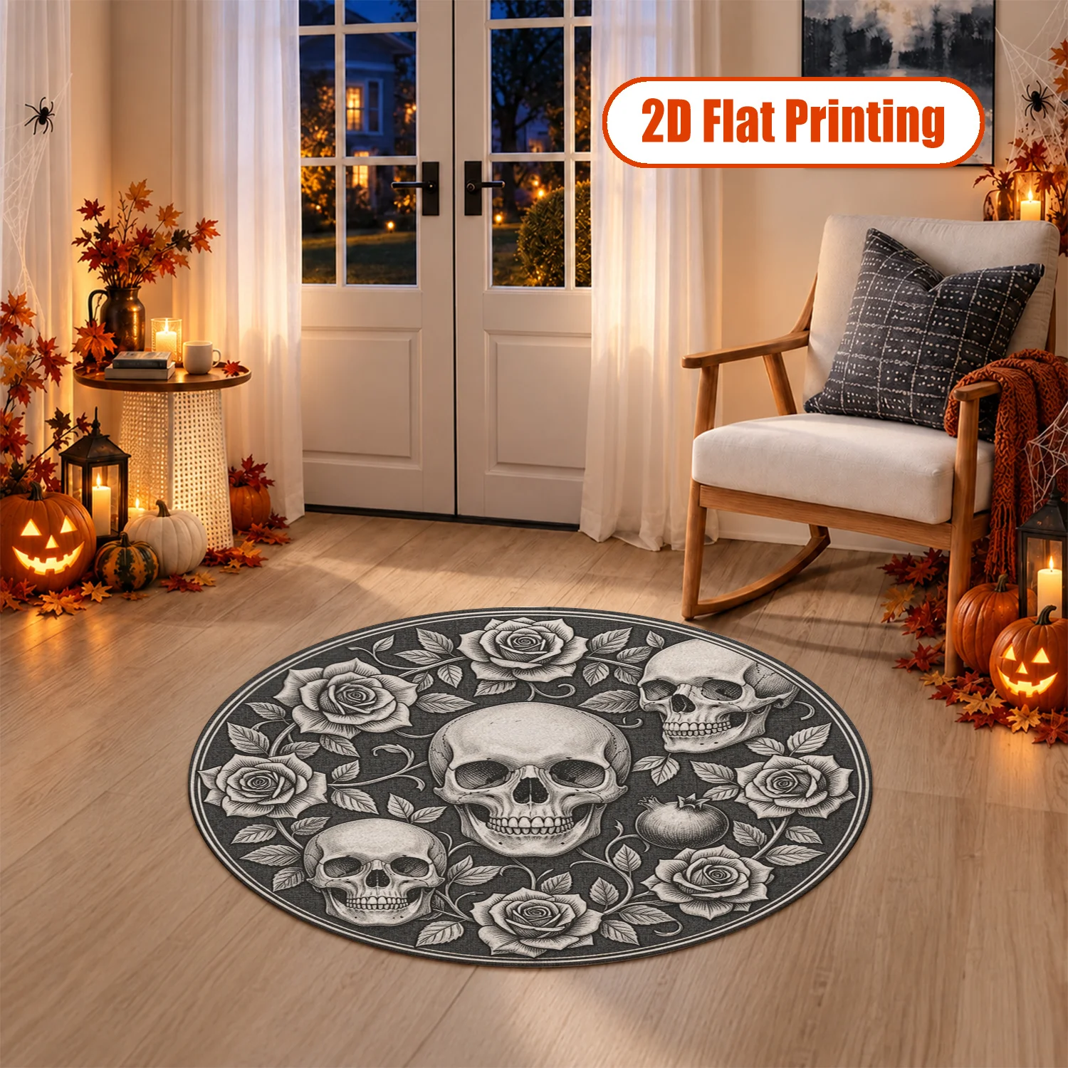 Gothic Skull Rose Floral Circular Velvet Area Rug, Machine Washable Soft Plush Floor Mat for Living Room, Bedroom, Entryway, Dining Space, Ideal for Halloween, Thanksgiving, Christmas, Black Friday, Cyber Monday, New Year Home Decor